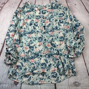 Ocean+Coast Shirt Womens Small Blue Green Floral Henley Popover Cotton Roll Tab